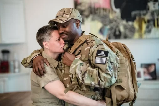 A picture of military couple hugging